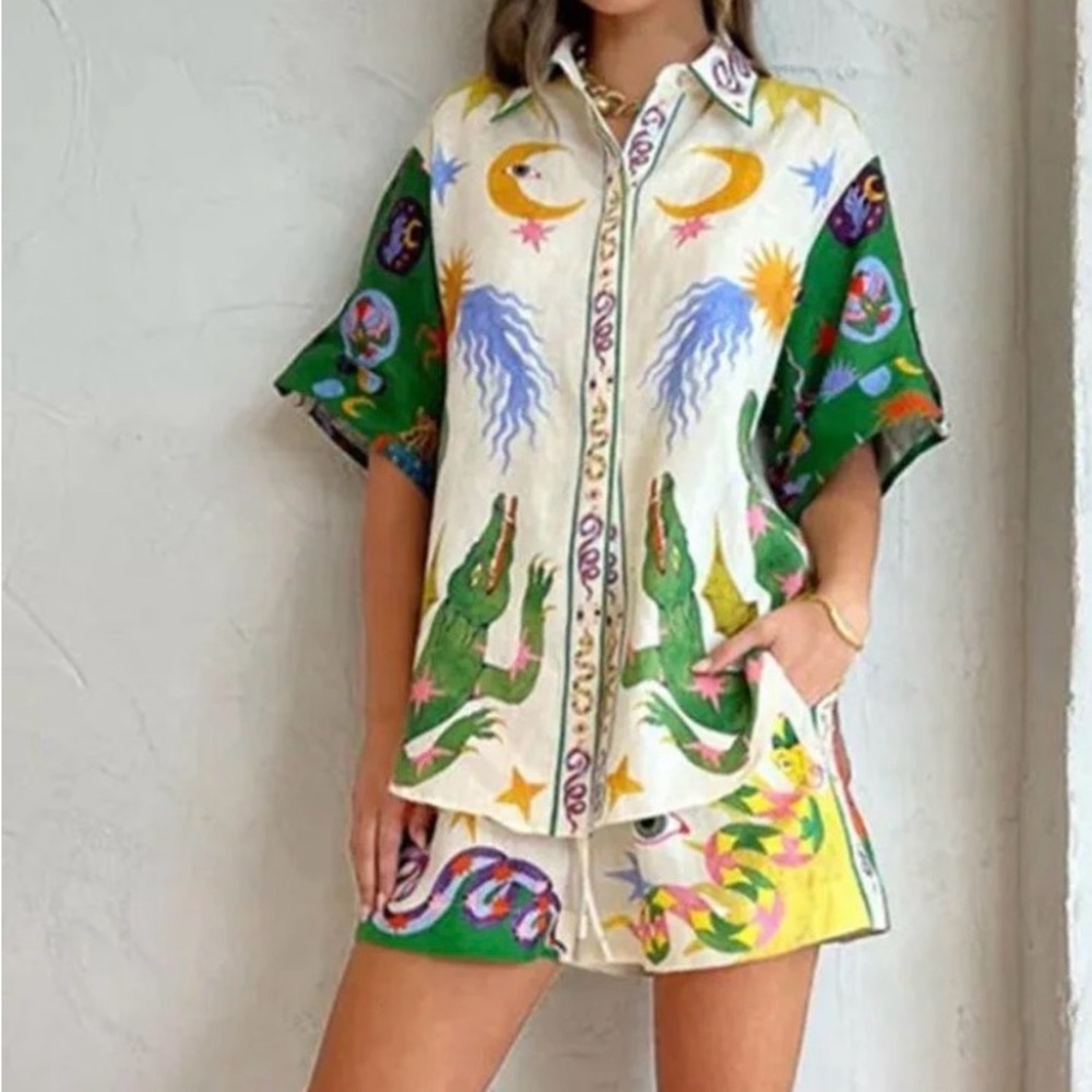 Whimsical Crocodile & Moon Print Button-Up Set